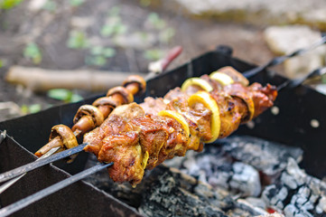 Marinated shashlik preparing on a barbecue grill over charcoal. Roast kebabs on BBQ Grill. Selective focus