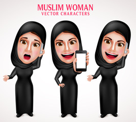 Muslim woman vector character set holding mobile phone and calling with friendly beautiful smile wearing hijab and islamic clothing standing in white background. Vector illustration.
