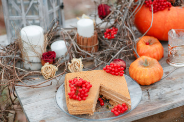 halloween inspiration. Autumn still life. pumpkin, dry roses, viburnum honey cake. in a vase. twigs. on the table