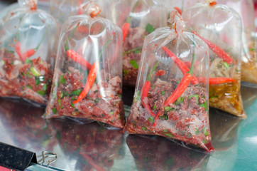 The raw beef larb-bitter taste in local market Thailand
