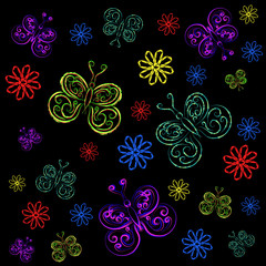 Butterflies and flowers. Bright pattern of butterflies and flowers on a black background.
