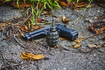 a pistol and a grenade lie next to each other on the pavement