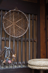Old bamboo wicker basket on the wooden wall