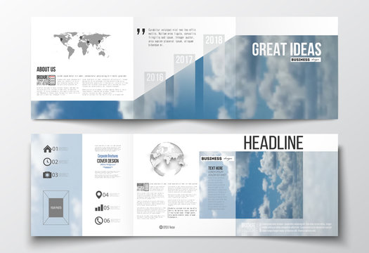 Set of tri-fold brochures, square design templates. Beautiful blue sky, abstract background with white clouds, leaflet cover, business layout, vector illustration.