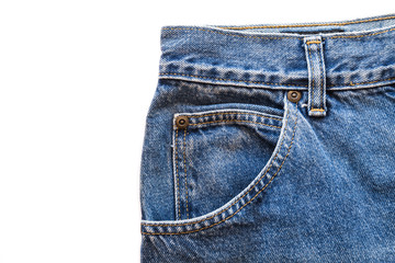 Blue jeans fabric with front pocket on white isolated background. copy space for text