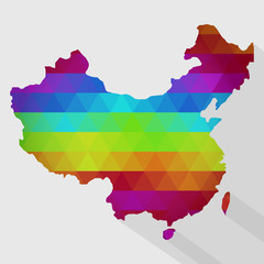 Map of China with colored geometric shapes, triangles, forming the colors of the rainbow. With long shadow.