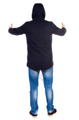 Naklejka premium Back view of man. Raised his fist up in victory sign. Rear view people collection. backside view of person. Isolated over white background. The guy while wearing a hood on his head showing two