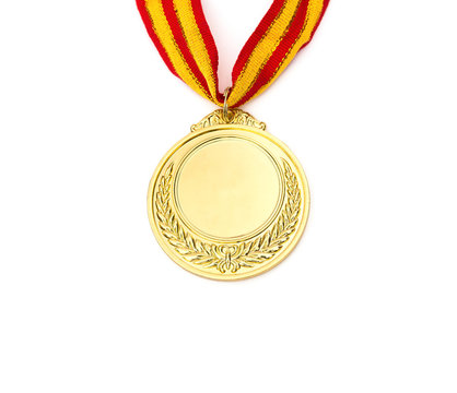 front of a gold medal on a white background