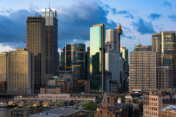 Central Business District skyscrapers on sunrise. Urban landscape view from above. Sydney, Australia