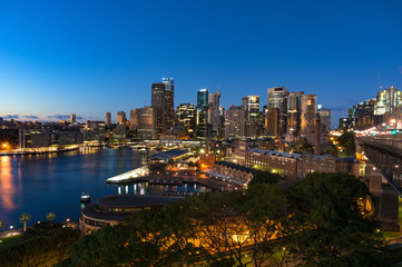 Aerial view of Sydney Central Business District skyscrapers on dusk. Urban landscape view from above. Circular Quay, Australia