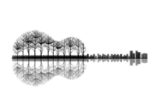 The City and Trees in a Shape of Guitar. Sketch Artwork, Creative Idea, Innovative art, Concept Illustration, Tattoo Design.
