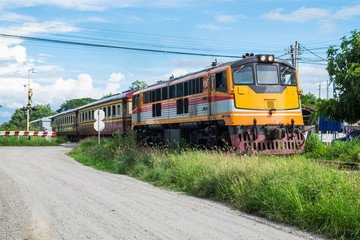 Fototapeta na wymiar Train yellow railroad identity beautiful at kanchanaburi