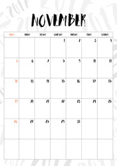 vector,2017 calendar November month with table on 2017 pattern b