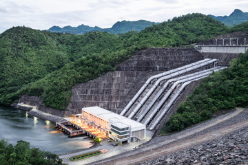 Dam srinakarin power plant in mountain lake at kanchanaburi