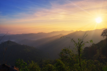 Sunrise colorful mountain scenic in morning , kanchanaburi, thailand
