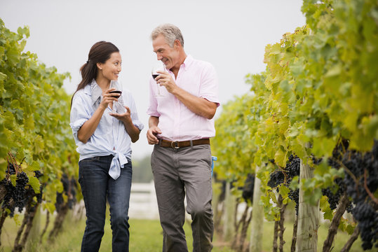 Couple Tasting Wine Together In Vineyard