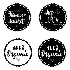 Set of four labels, stickers with hand written farmer's market, shop local text. Badges. Vector.