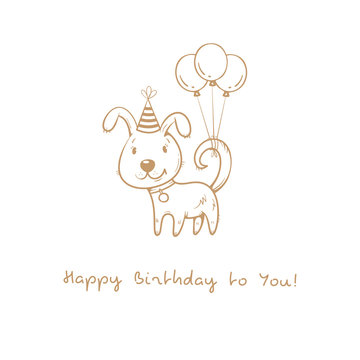Birthday card  with cute cartoon dog. Balloons and party hat. Vector contour image no fill. Little puppy. Funny animal.