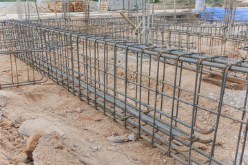 Steel tie of ground beam waiting for concrete work