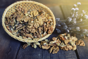walnut on wooden background