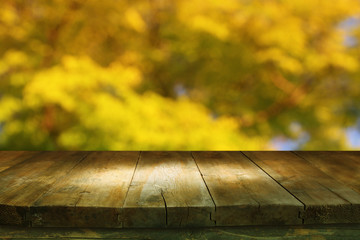 Empty table in front of blurry autumn background
