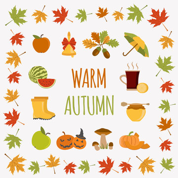 Autumn icon set. Halloween and Thanksgiving day. Flat design