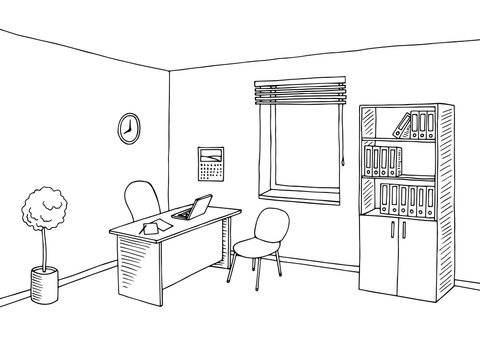 Office room interior graphic art black white sketch illustration vector