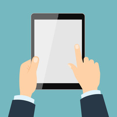 Hands holding tablet. Isolated bisunessman hands holding tablet with blank screen. Concept of showing, reading.