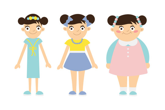 From thin to fat kid. Children obesity and anorexia. Funny smiling cartoon girls on white background. Girl getting fat, gaining weight, getting thin, loosing weight.