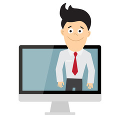 Online learning concept. Isolated computer screen with teacher, businessman or colleague. Webinar or online training concept.