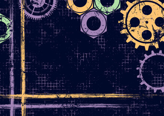 Obraz premium Vector geometric background. Grunge blue template with mechanism of watch, brushstrokes with space for text, border. Graphic illustration.