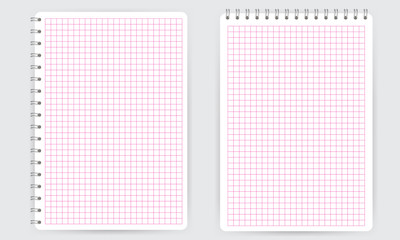 Blank realistic spiral notepad notebook with pink thin squared math grid lines isolated on white vector. Display Mock up.