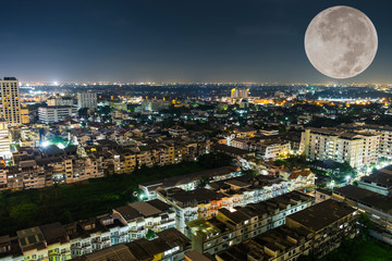 City bangkok and big moon at night