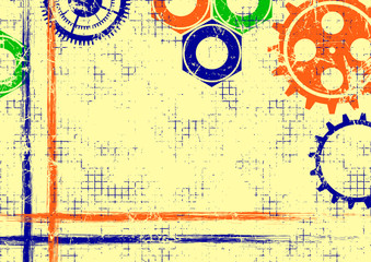 Obraz premium Vector geometric background. Grunge colorful template with mechanism of watch, brushstrokes with space for text. Graphic illustration.