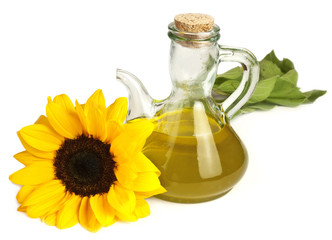 Vibrant yellow sunflower with pitcher of oil, isolated on white