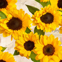 Seamless sunflowers (photo) on old ephemera (mixed media)