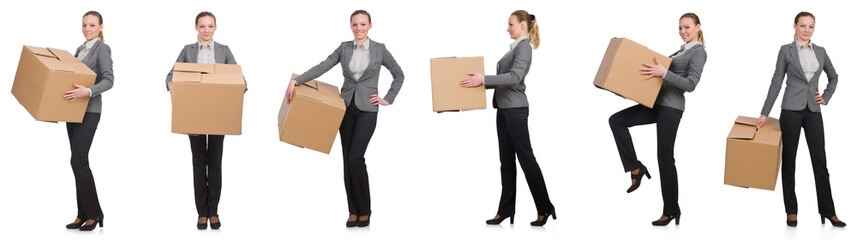 Composite image of woman with boxes on white