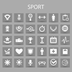 Vector flat icons set and graphic design elements. Illustration with sport, fitness outline symbols.