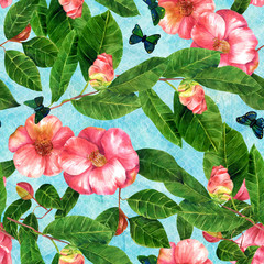 Seamless camellia flowers with butterflies on teal blue