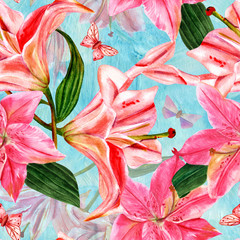 Seamless pattern with watercolor lilies and butterflies