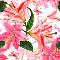 Seamless pattern with watercolor lilies and butterflies