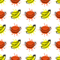 Seamless vector pattern. Hand drawn fruits illustration of banana and watermelon with splash and drop, on the white background. Line drawing, Series of fruits vector seamless Patterns.
