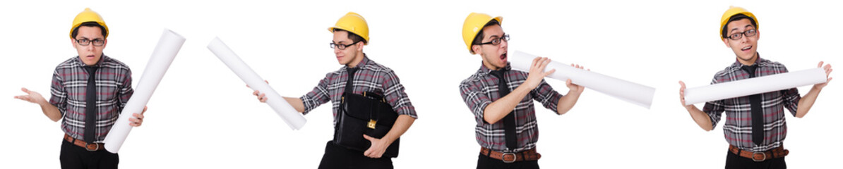 Funny man with blueprints on white