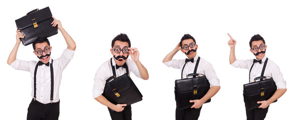 Young man with briefcase isolated on white