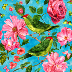 'Beautiful Garden' birds and flowers seamless background pattern