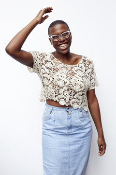Stylish smiling woman wearing lace shirt