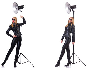 Collage of woman during photo shoot isolated on white