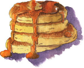 Pancakes with butter and honey or maple syrup drawn by ink and watercolor. Hand drawn illustration.