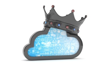 Isolated black cloud icon with crown and gems on white background. Symbol of communication, network and technology. Broadband. Online database. 3D rendering.