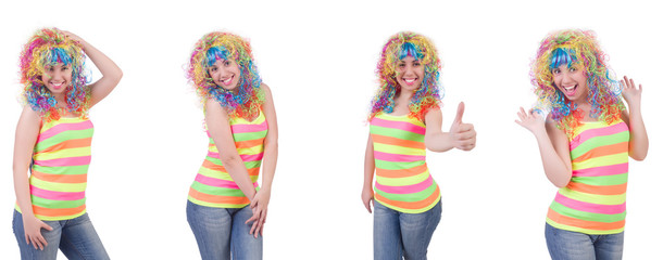 Woman with colourful wig isolated on white